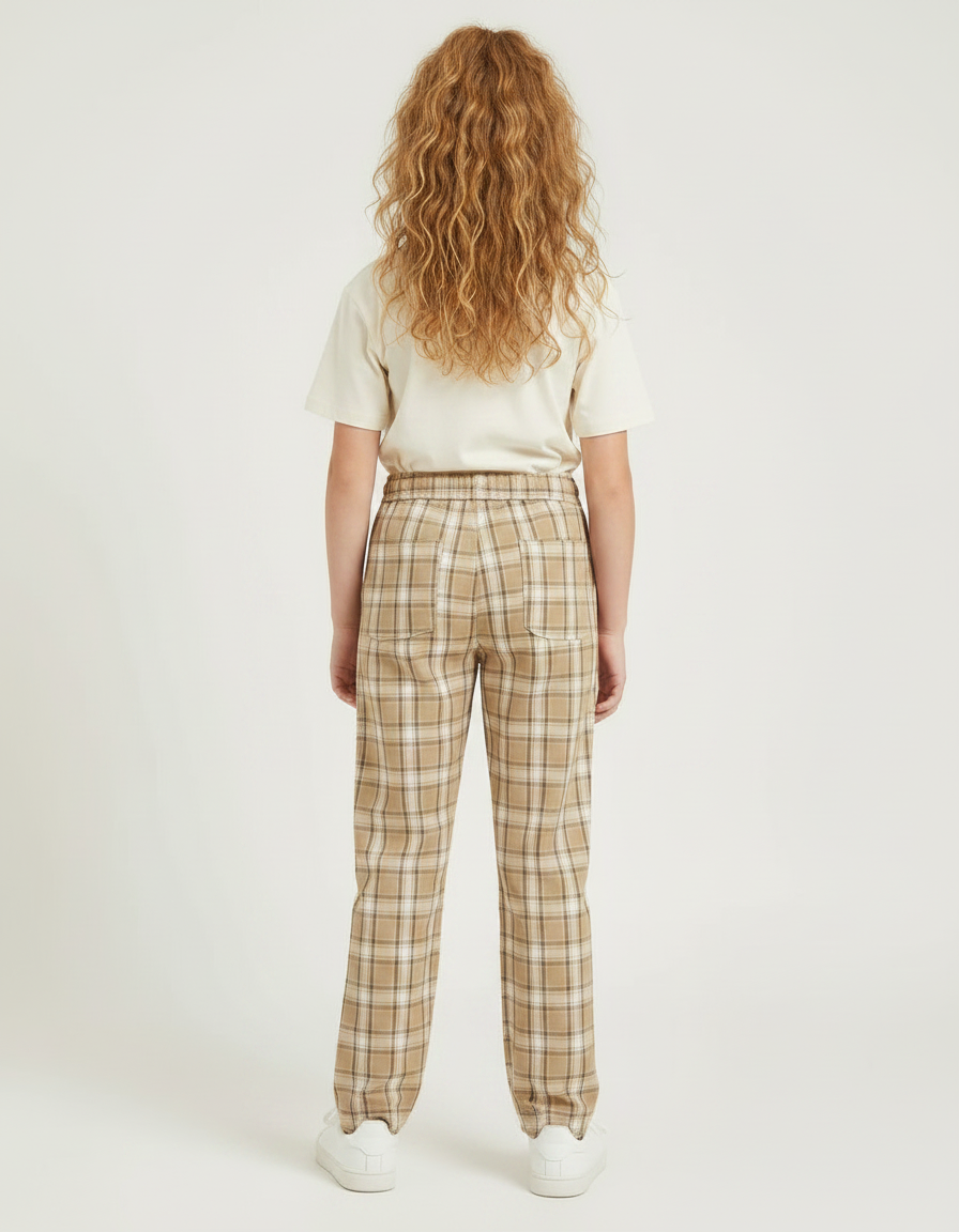 Pantalon Chino Carreaux Beige Décontracté Fille - Imprimé Coton - vue 2