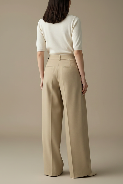 Pantalon Chino Beige Plissé Ample Taille Haute Femme - Gabardine - vue 2