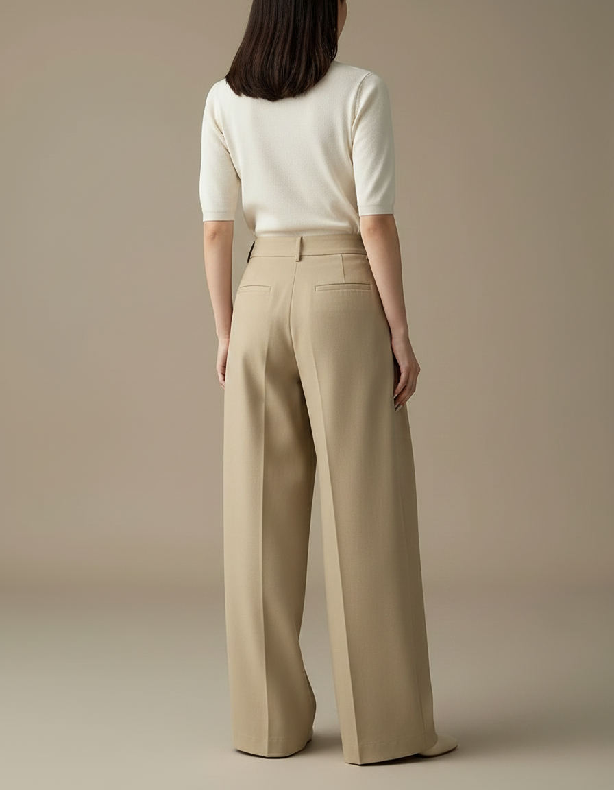 Pantalon Chino Beige Plissé Ample Taille Haute Femme - Gabardine - vue 2