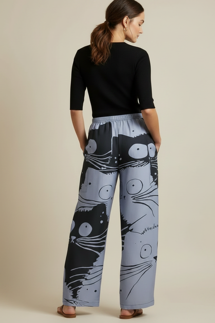 Pantalon Chino Large Fluide Imprimé Chats Bicolore Décontracté - Multicolore Viscose - vue 2