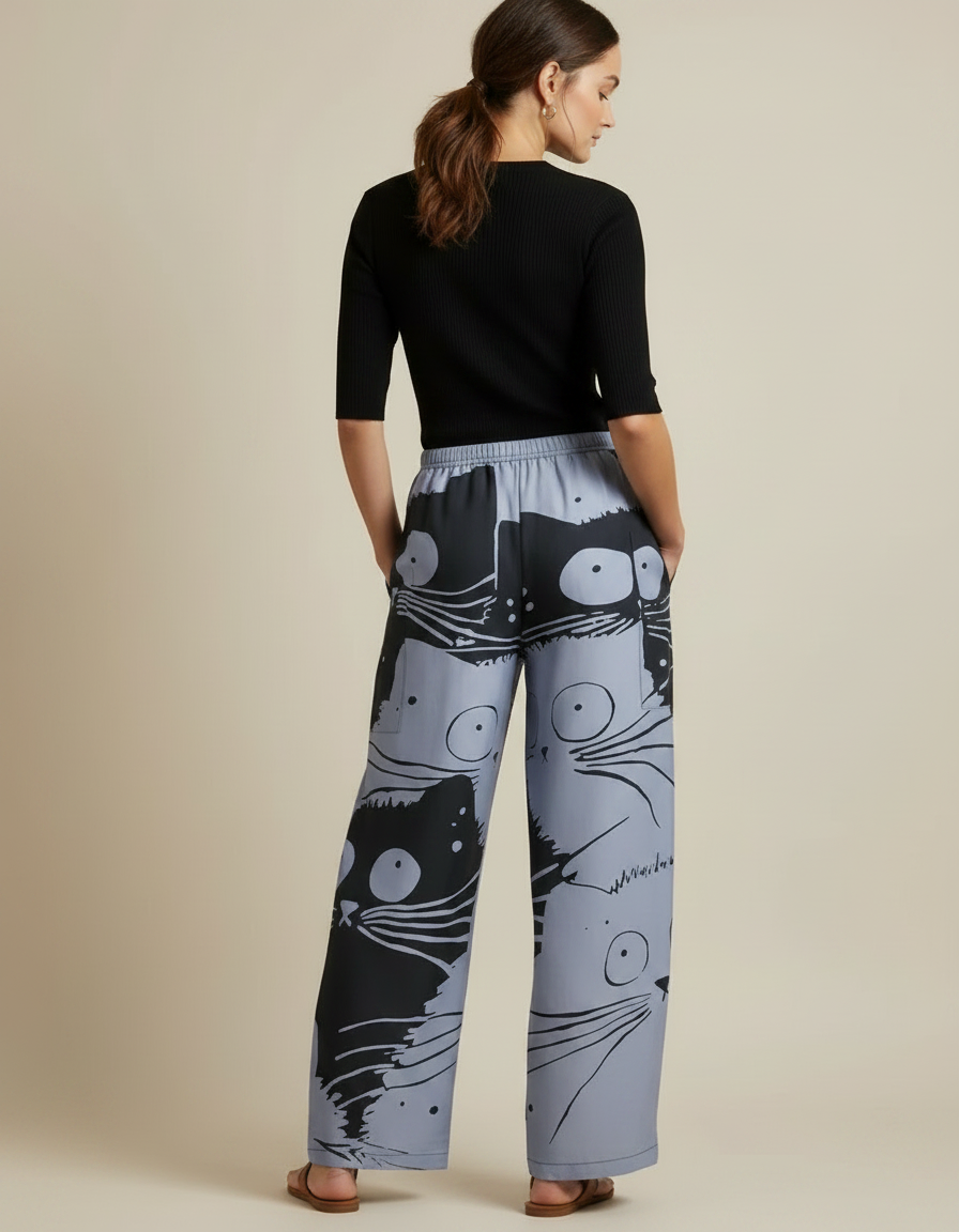 Pantalon Chino Large Fluide Imprimé Chats Bicolore Décontracté - Multicolore Viscose - vue 2