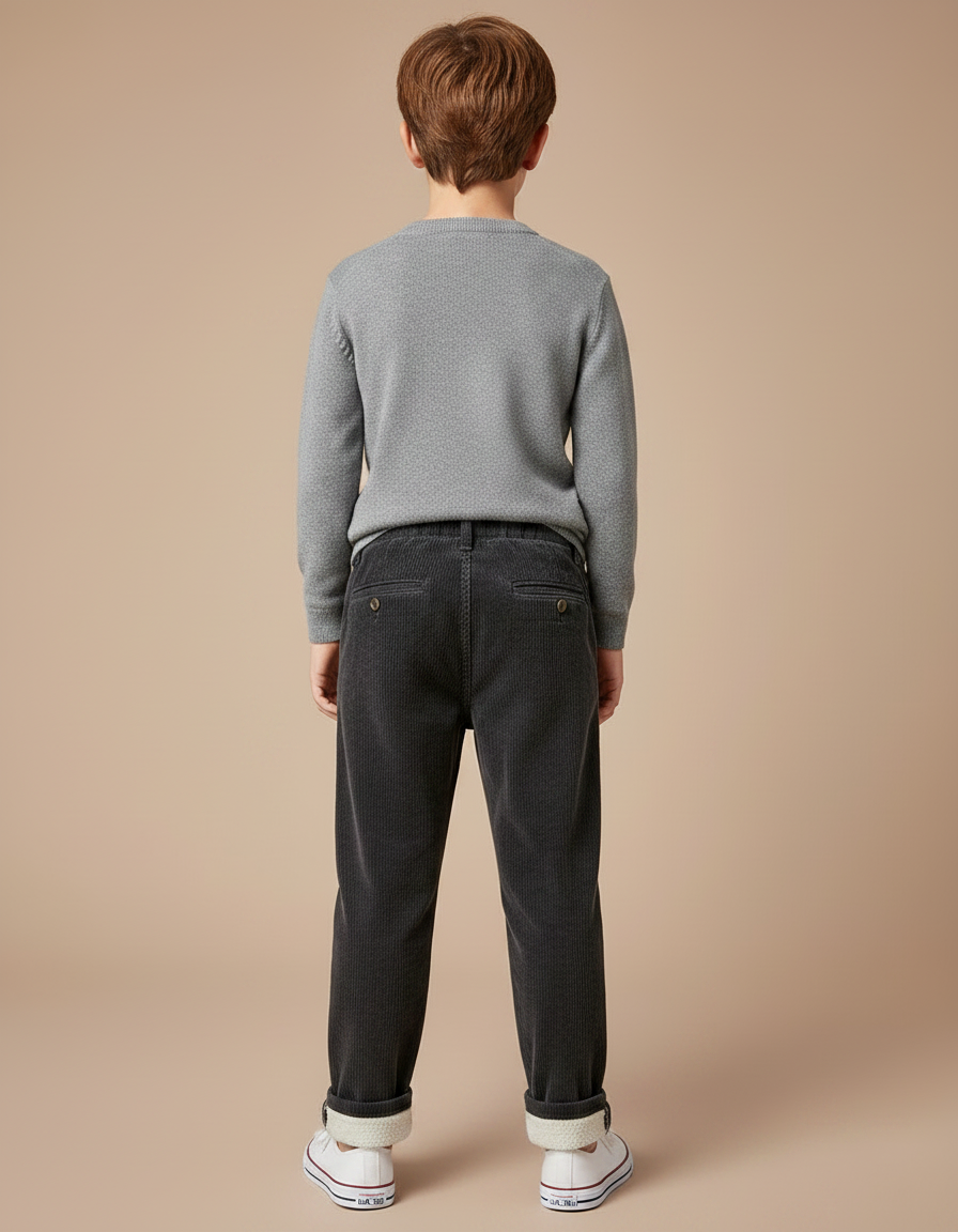 Pantalon Chino Noir Côtelé Doublé Chaud Enfant - Cordé - vue 2