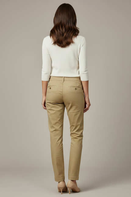 Pantalon Chino Femme Beige Coton Slim Élégant Décontracté - vue 2