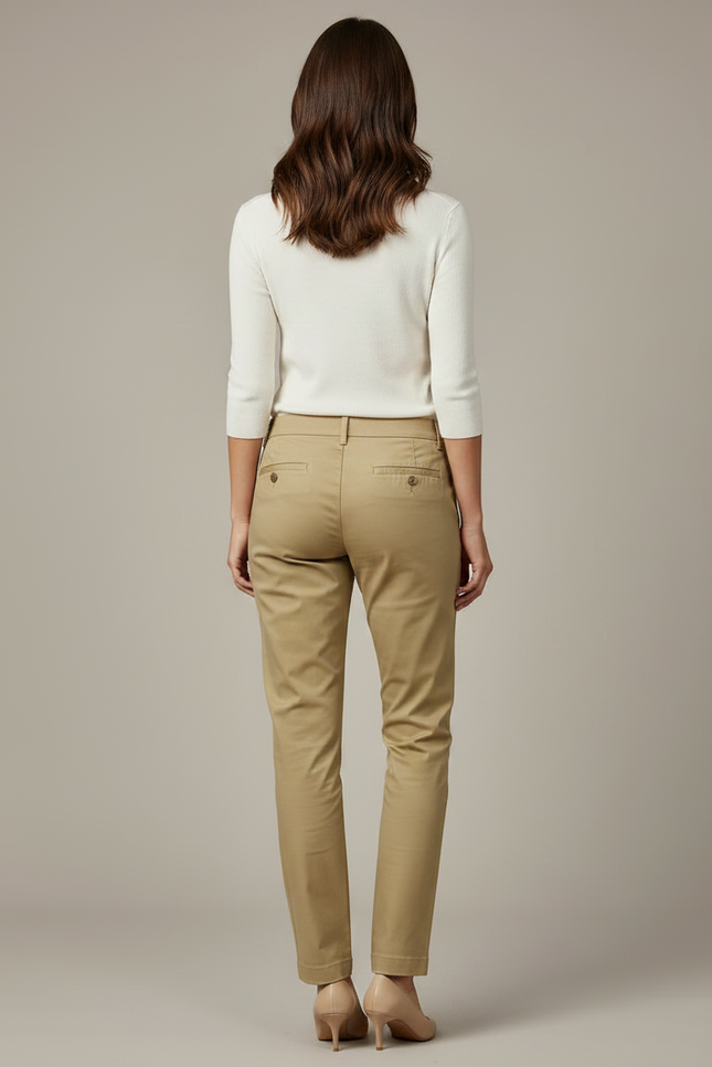 Pantalon Chino Femme Beige Coton Slim Élégant Décontracté - vue 2