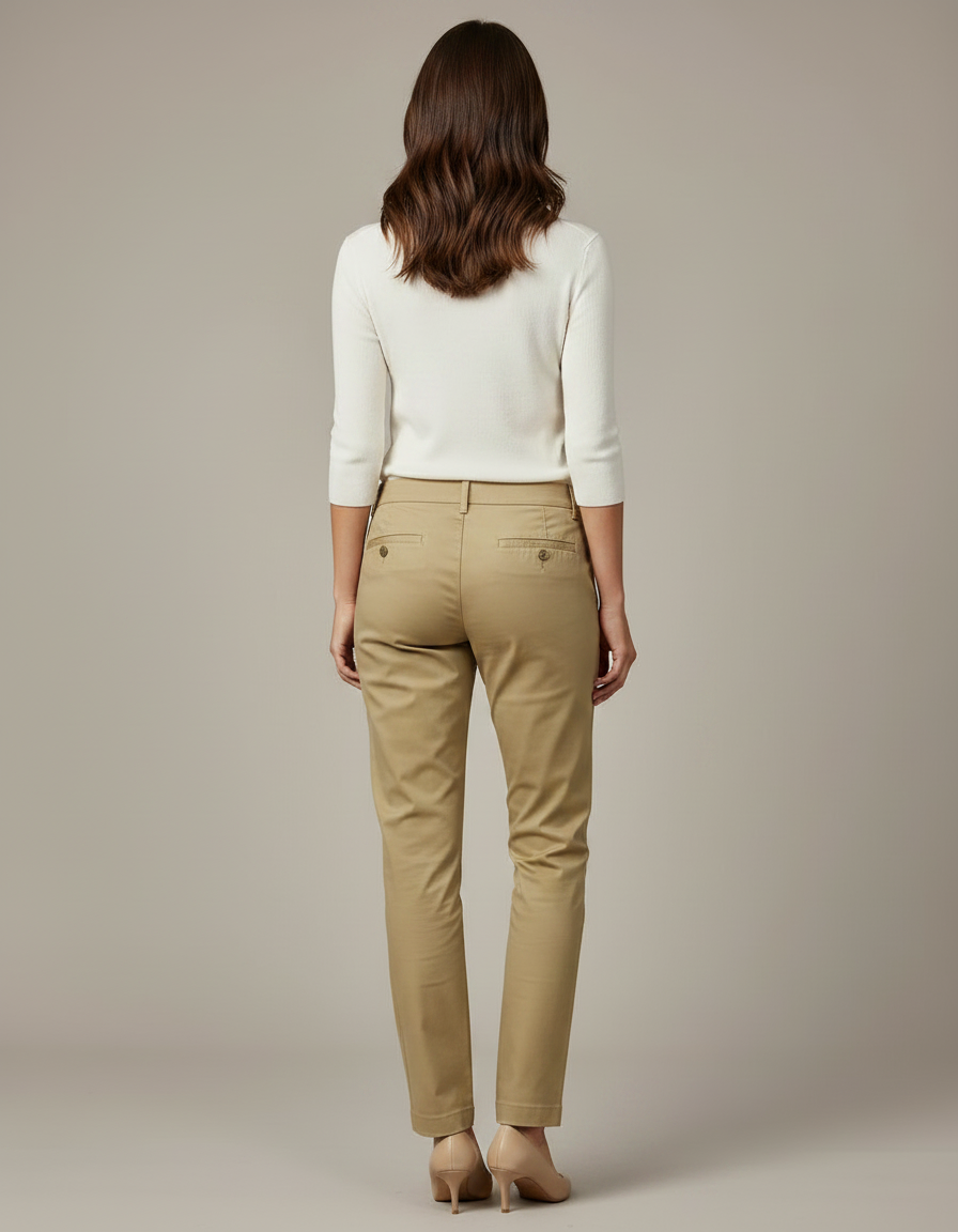 Pantalon Chino Femme Beige Coton Slim Élégant Décontracté - vue 2