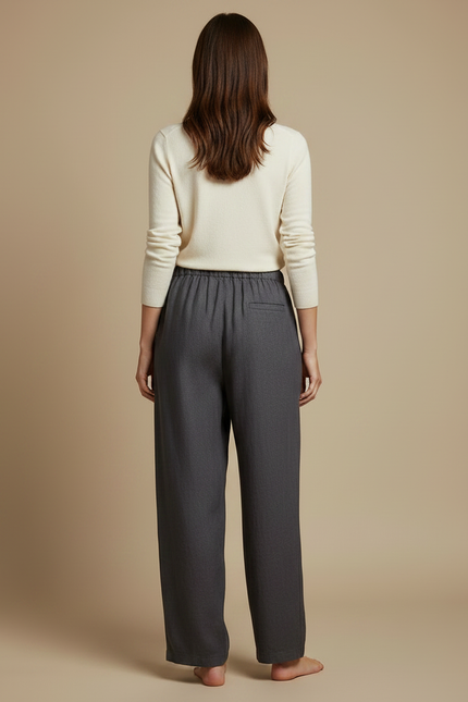 Pantalon Chino Gris Ample Cordon Décontracté Femme - Lin - vue 2