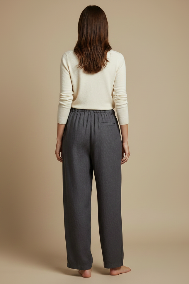 Pantalon Chino Gris Ample Cordon Décontracté Femme - Lin - vue 2