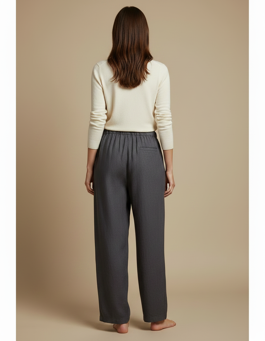 Pantalon Chino Gris Ample Cordon Décontracté Femme - Lin - vue 2