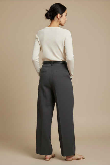 Pantalon Chino Gris Ample Plissé Élégant Femme - Gabardine - vue 2
