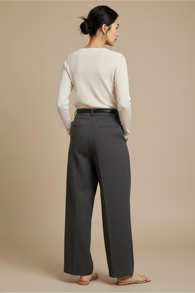 Pantalon Chino Gris Ample Plissé Élégant Femme - Gabardine - vue 2