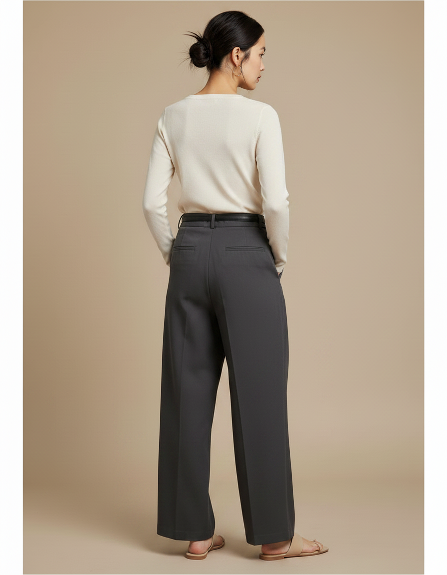 Pantalon Chino Gris Ample Plissé Élégant Femme - Gabardine - vue 2