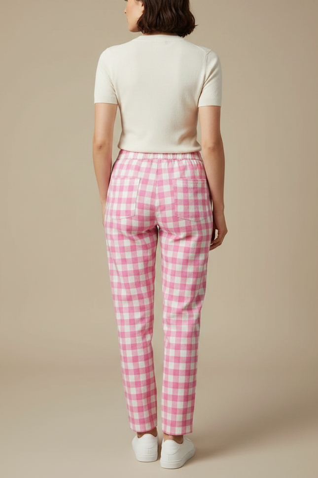Pantalon Chino Rose Carreaux Décontracté Ample Coton - vue 2