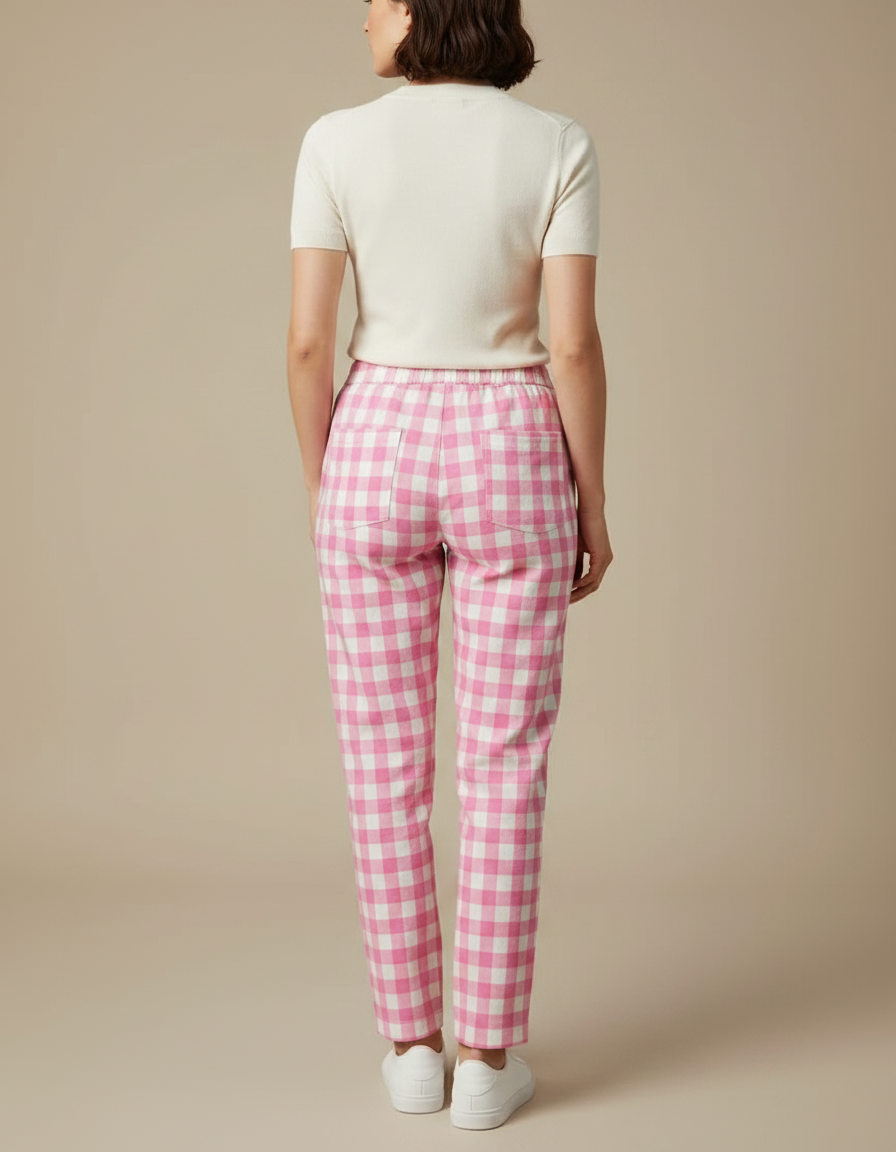 Pantalon Chino Rose Carreaux Décontracté Ample Coton - vue 2