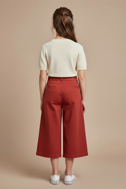 Pantalon Chino Rouge Brique Coton Large Fille Boutons - vue 2