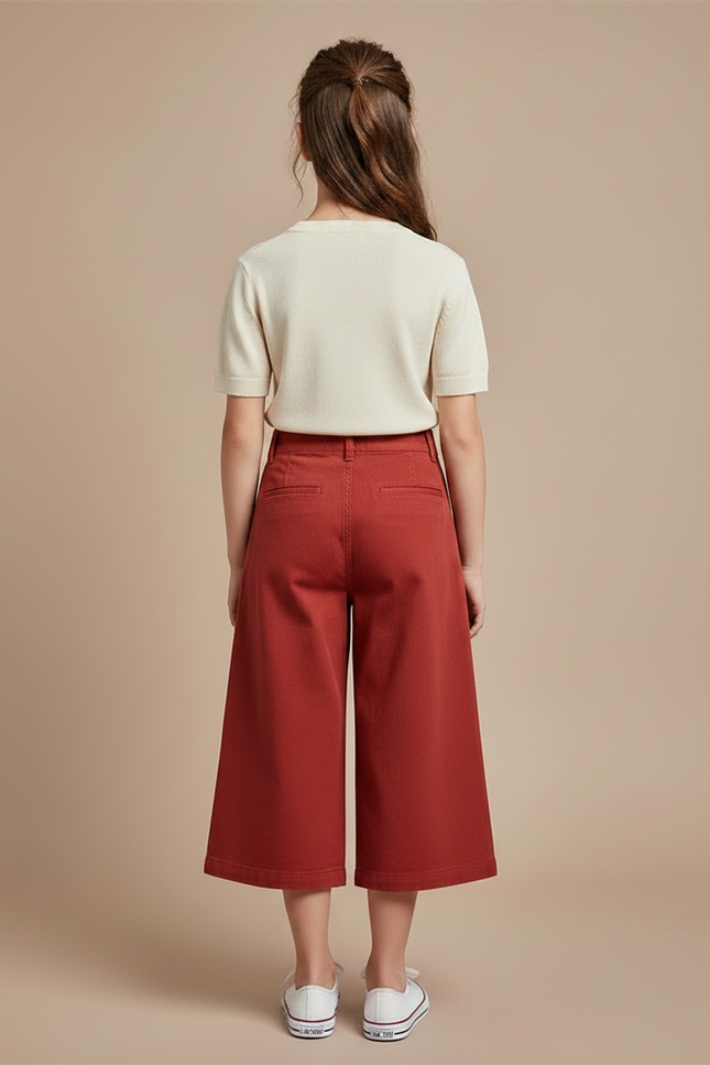 Pantalon Chino Rouge Brique Coton Large Fille Boutons - vue 2