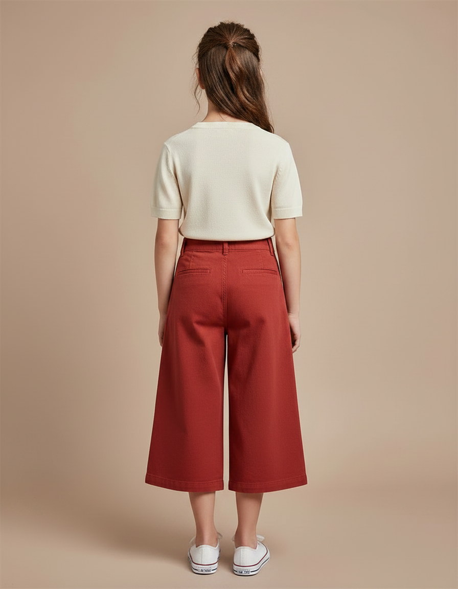 Pantalon Chino Rouge Brique Coton Large Fille Boutons - vue 2