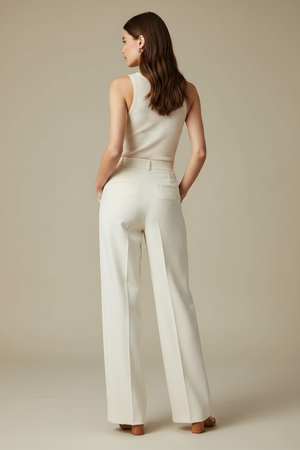 Pantalon Chino Crème Fluide Ample Droit Élégant - Beige Polyester - vue 2