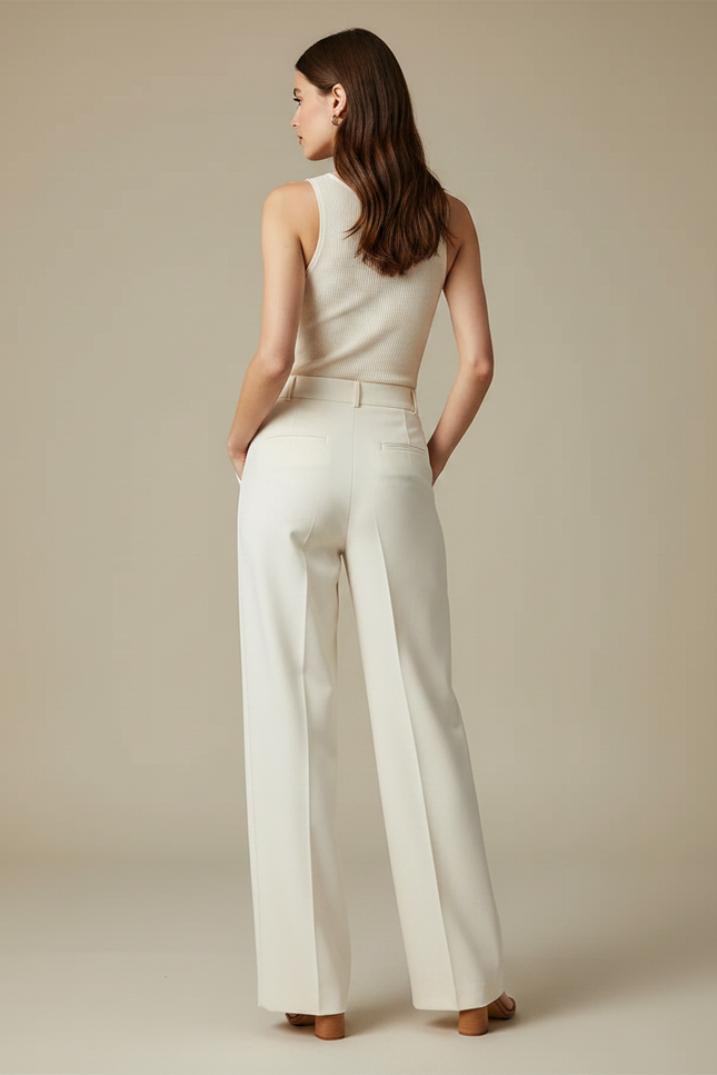 Pantalon Chino Crème Fluide Ample Droit Élégant - Beige Polyester - vue 2