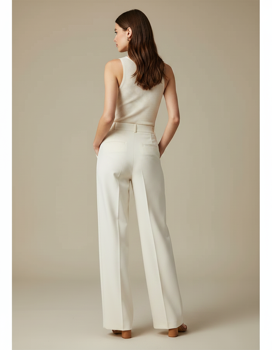 Pantalon Chino Crème Fluide Ample Droit Élégant - Beige Polyester - vue 2