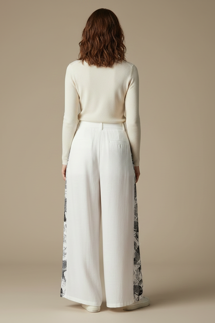 Pantalon Chino Blanc Ample Motif Ethnique Femme - Lin - vue 2