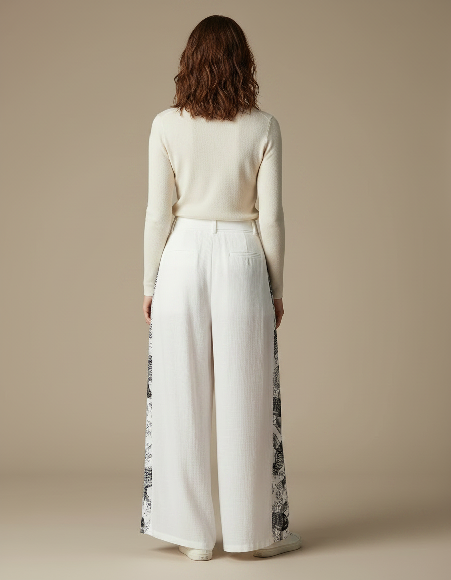 Pantalon Chino Blanc Ample Motif Ethnique Femme - Lin - vue 2