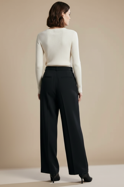 Pantalon Chino Noir Ample Taille Haute Élégant Femme - Polyester - vue 2