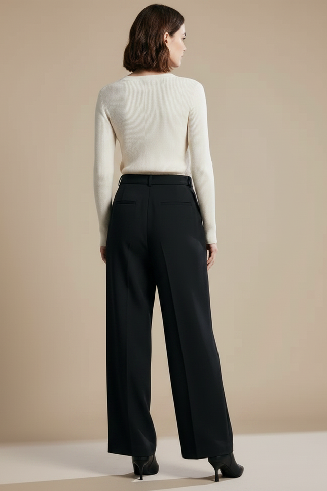Pantalon Chino Noir Ample Taille Haute Élégant Femme - Polyester - vue 2