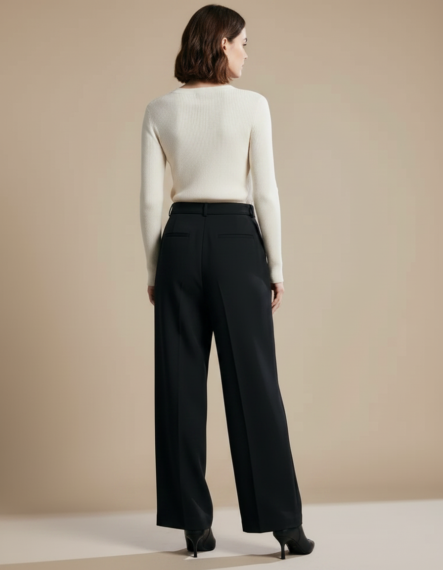 Pantalon Chino Noir Ample Taille Haute Élégant Femme - Polyester - vue 2