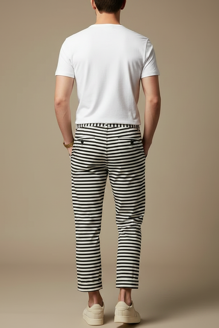 Pantalon Chino Rayé Noir Blanc Ample Décontracté Homme - Imprimé Coton - vue 2