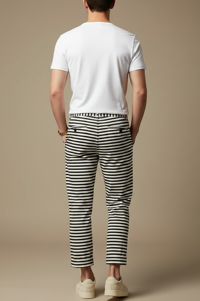 Pantalon Chino Rayé Noir Blanc Ample Décontracté Homme - Imprimé Coton - vue 2