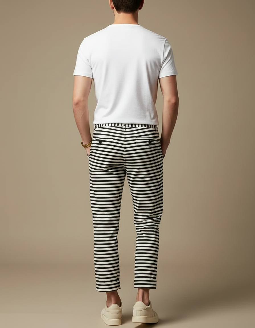 Pantalon Chino Rayé Noir Blanc Ample Décontracté Homme - Imprimé Coton - vue 2
