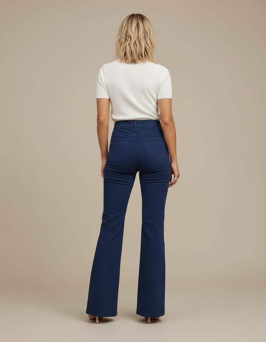 Pantalon Chino Bleu Marine Évasé Taille Haute Femme - Gabardine - vue 2