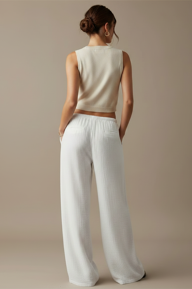 Pantalon Chino Blanc Ample Texturé Décontracté Femme - Coton - vue 2