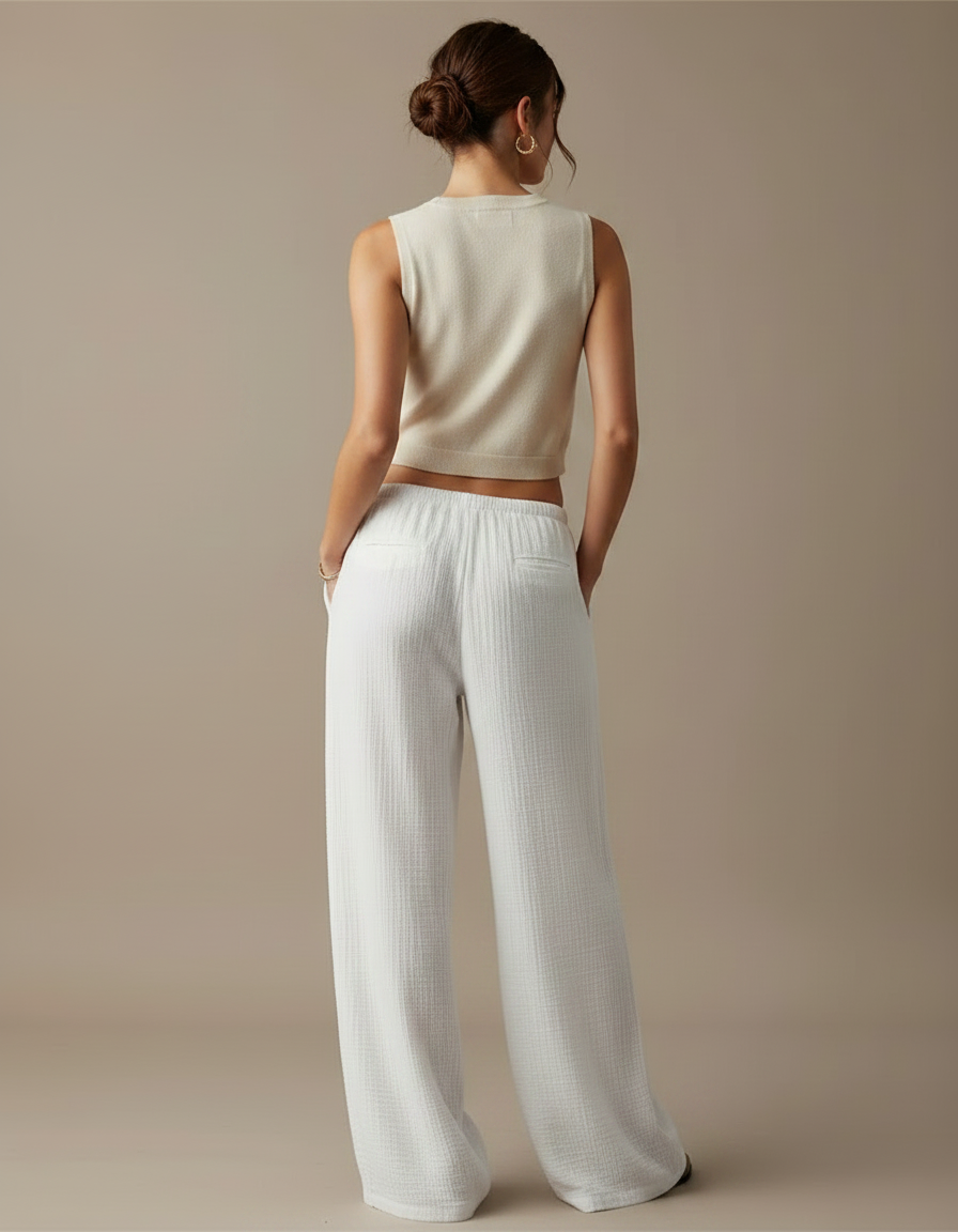 Pantalon Chino Blanc Ample Texturé Décontracté Femme - Coton - vue 2