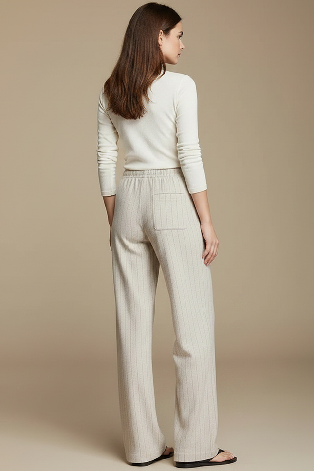 Pantalon Chino Beige Rayé Fluide Ample Décontracté - Maille - vue 2