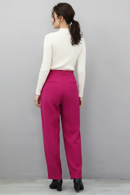 Pantalon Chino Fuchsia Taille Haute Fluide Élégant - Rose Polyester - vue 2