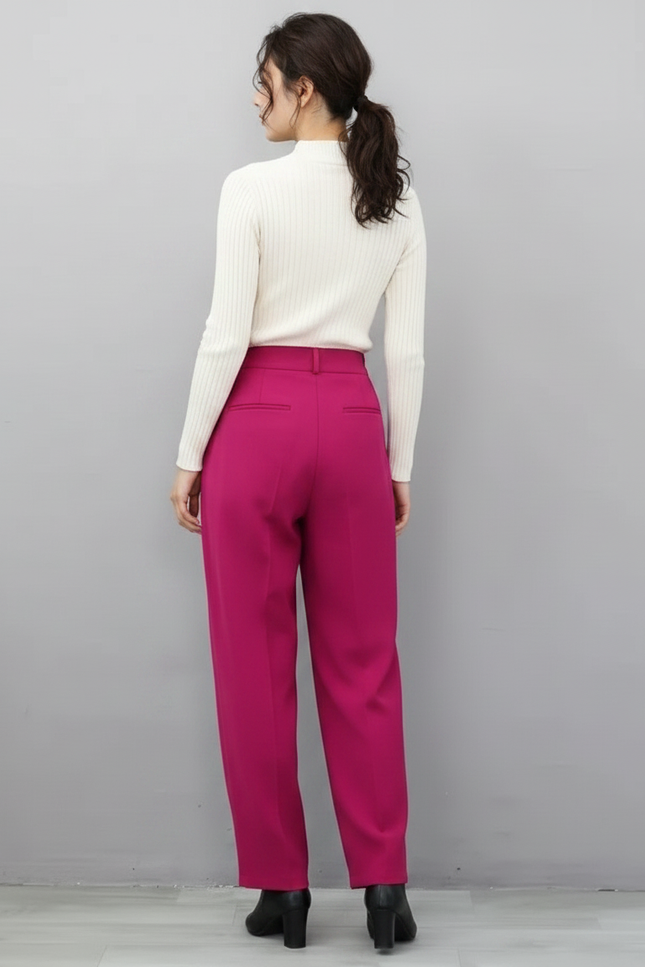 Pantalon Chino Fuchsia Taille Haute Fluide Élégant - Rose Polyester - vue 2
