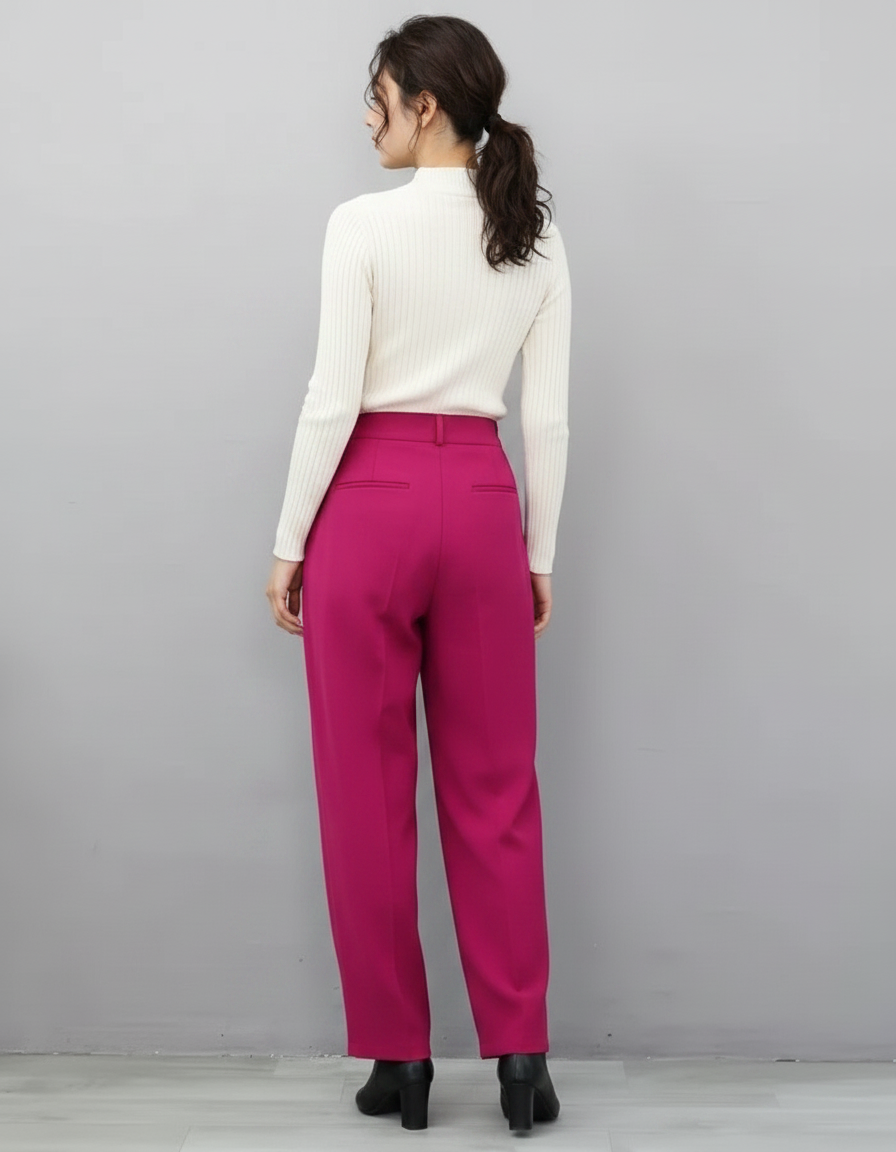 Pantalon Chino Fuchsia Taille Haute Fluide Élégant - Rose Polyester - vue 2