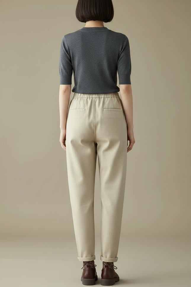 Pantalon Chino Femme Beige Coupe Ample Coton - Gabardine - vue 2