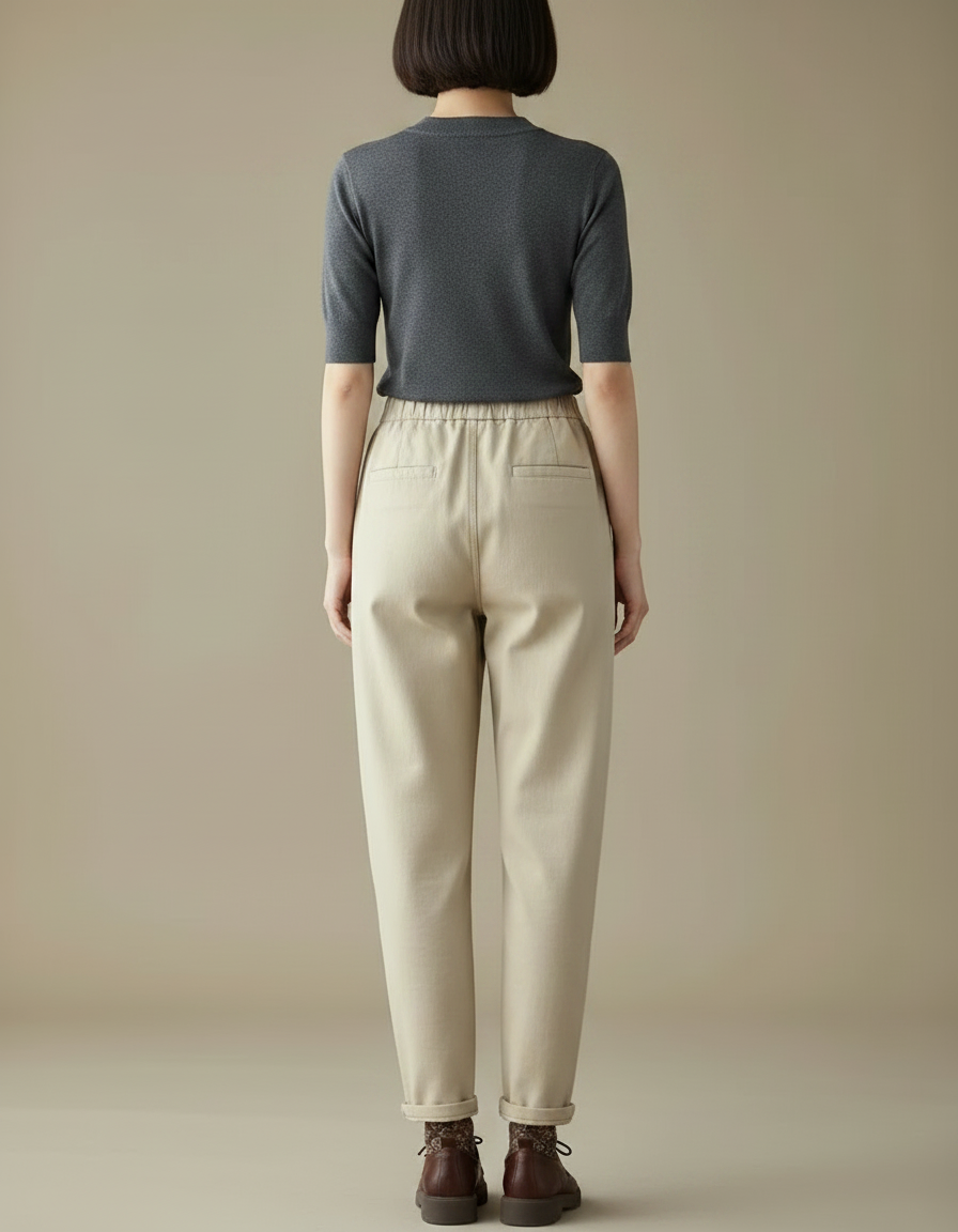 Pantalon Chino Femme Beige Coupe Ample Coton - Gabardine - vue 2