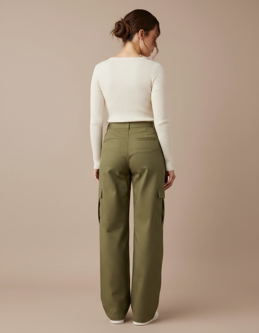 Pantalon Chino Kaki Cargo Ample Décontracté Femme - Gabardine - vue 2