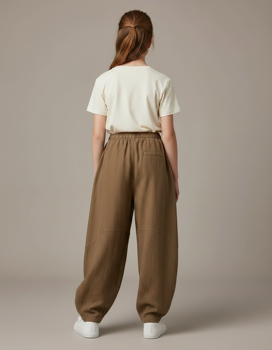 Pantalon Chino Marron Ample Lin Coton Enfant - Kaki - vue 2