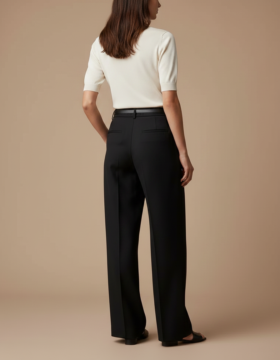Pantalon Chino Noir Ample Plissé Élégant Femme - Gabardine - vue 2