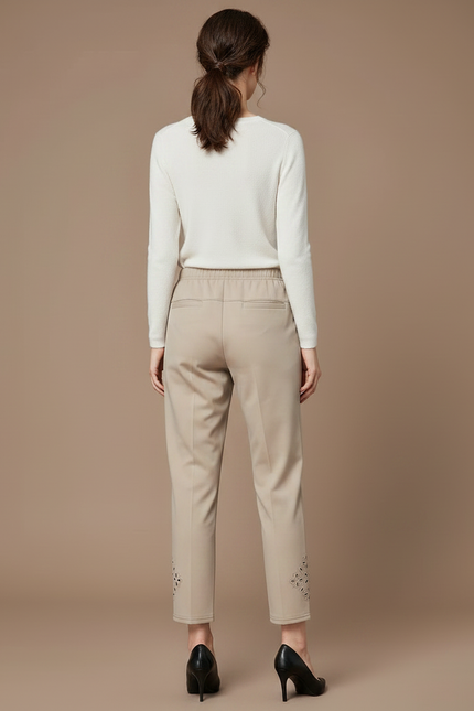 Pantalon Chino Beige Taille Haute Brodé Cheville Femme - Gabardine - vue 2