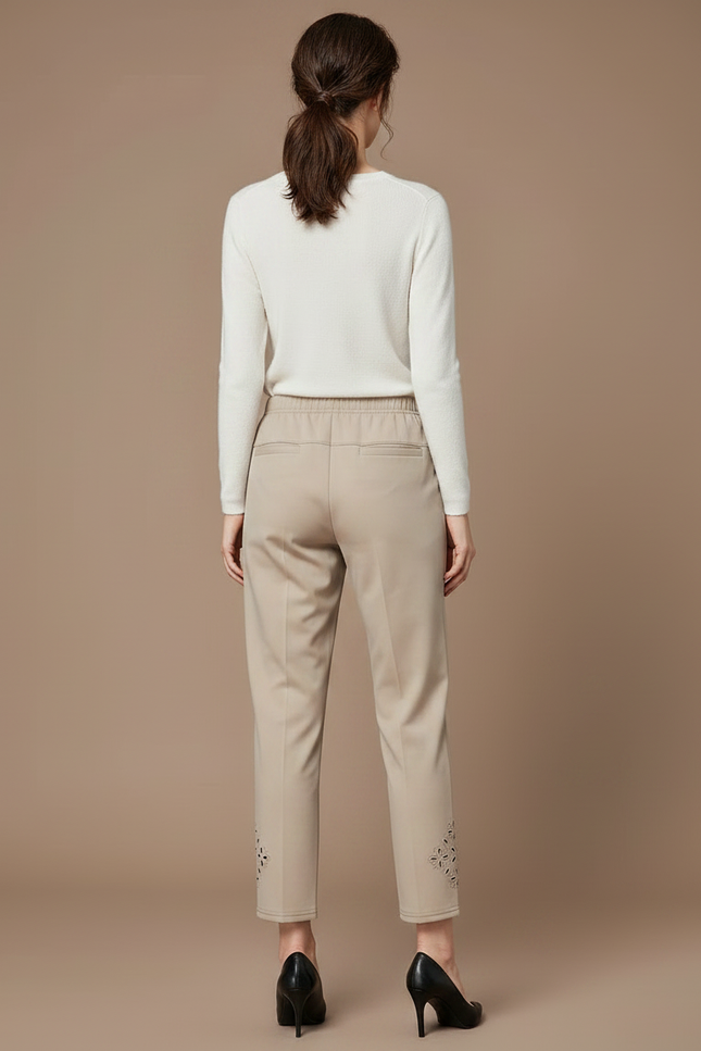 Pantalon Chino Beige Taille Haute Brodé Cheville Femme - Gabardine - vue 2