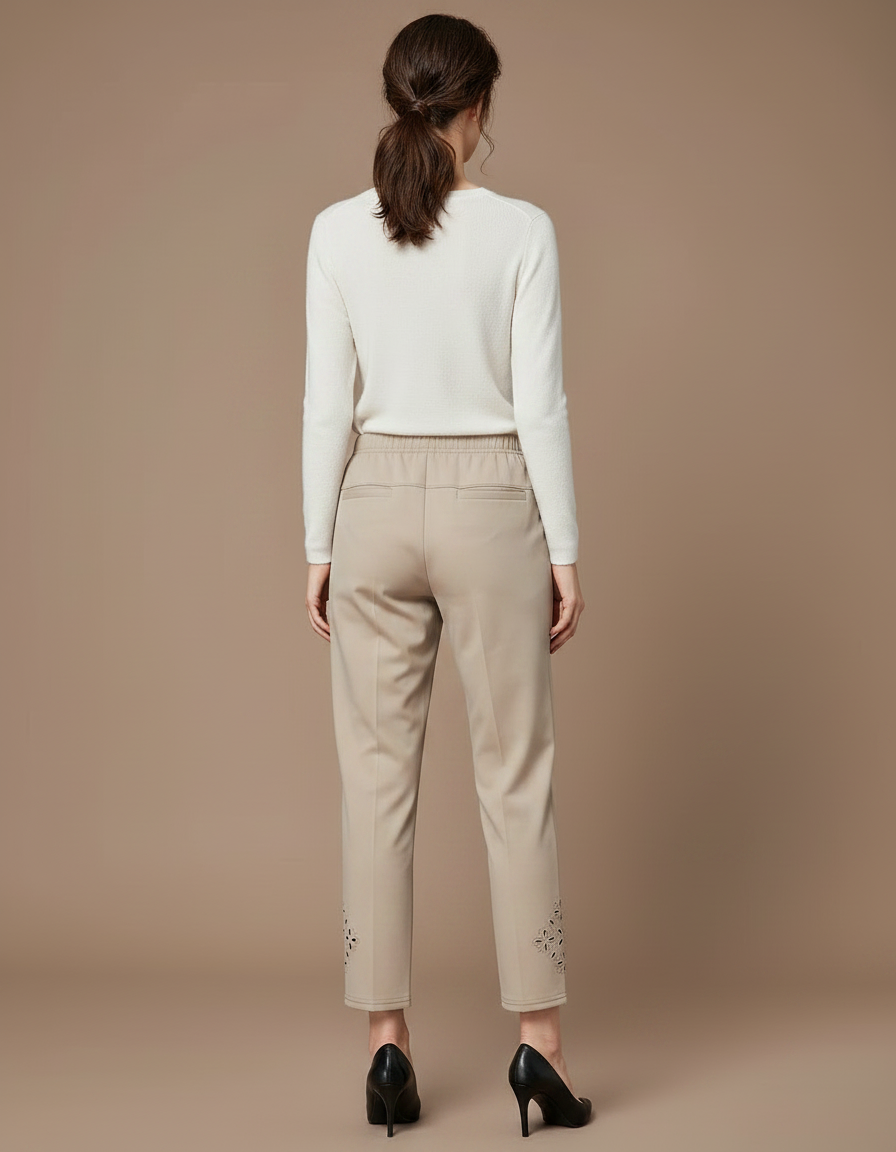 Pantalon Chino Beige Taille Haute Brodé Cheville Femme - Gabardine - vue 2
