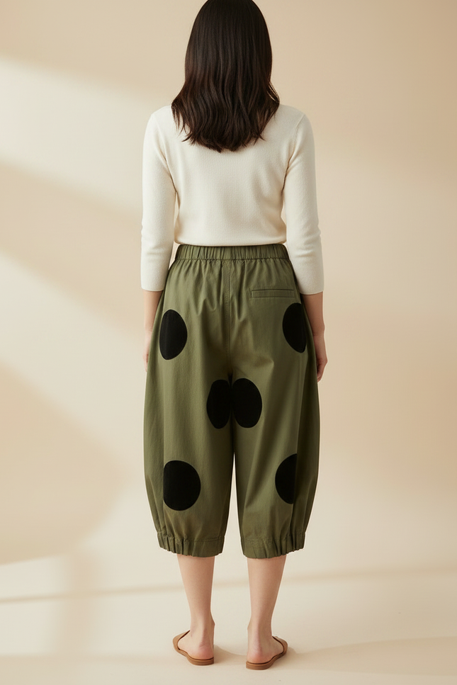 Pantalon Chino Vert Militaire Ample Pois Noirs - Kaki Toile - vue 2