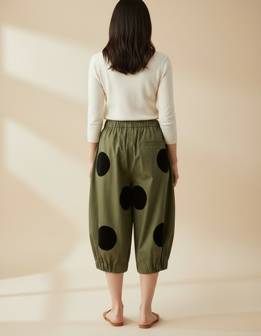 Pantalon Chino Vert Militaire Ample Pois Noirs - Kaki Toile - vue 2