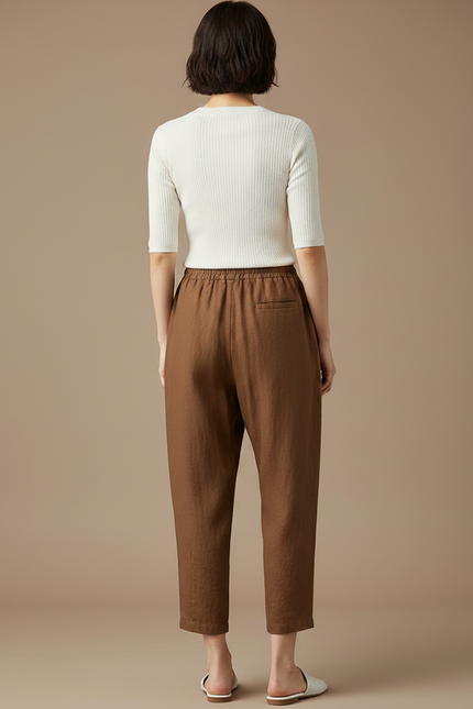 Pantalon Chino Marron Lin Ample Décontracté Fluide - vue 2