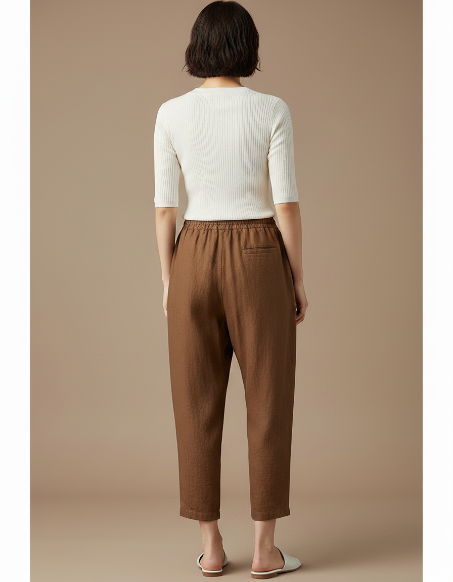 Pantalon Chino Marron Lin Ample Décontracté Fluide - vue 2